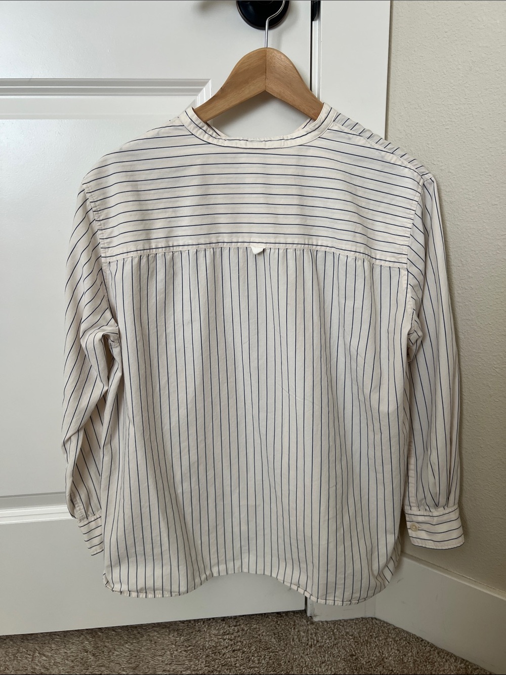 MHL. Striped Band Collar Button-Up Shirt in Cream & Navy - Picture 3 of 8